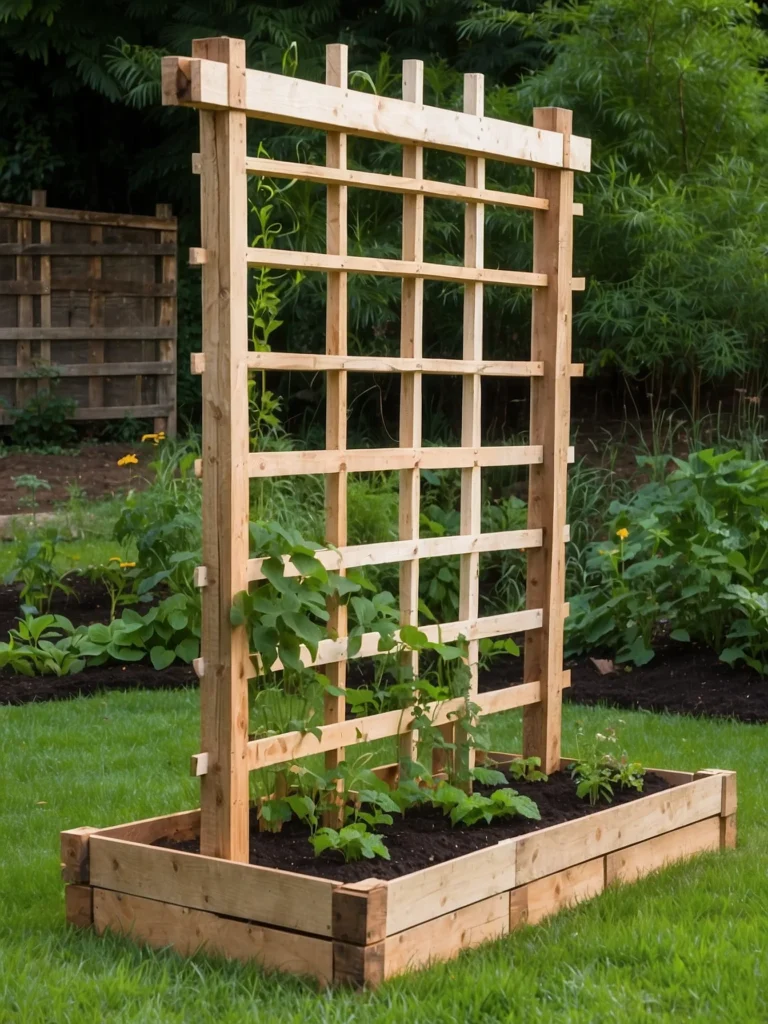 Wooden pallet trellis used as vertical support for climbing vegetables in a raised garden bed