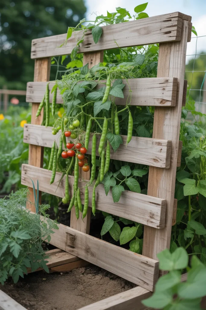 recycled wooden pallet vegetable trellis supporting cucumber vines vertically
