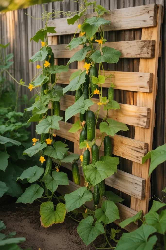Wooden pallet trellis for cucumbers climbing through the slats in garden