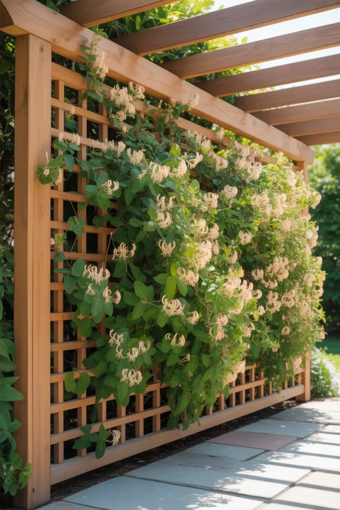 Pergola with side trellis panels displaying cascading honeysuckle trellis ideas.