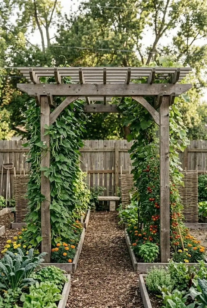 pergola vegetable trellis with climbing gourds and squash vines creating shade
