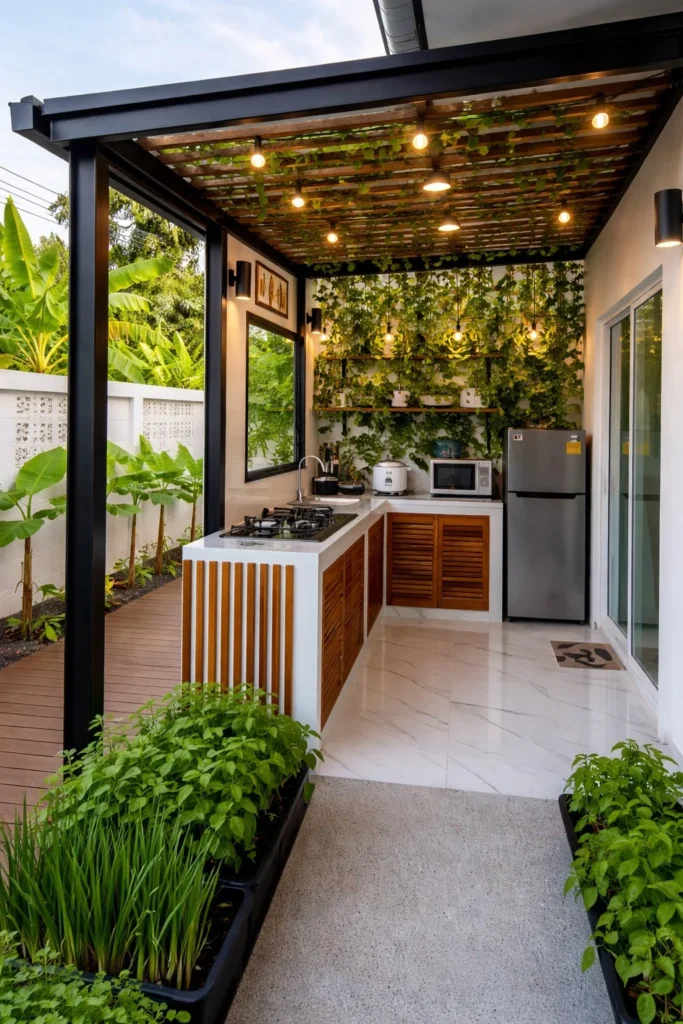 pergola outdoor kitchen wall with climbing plants natural shaded outdoor kitchen