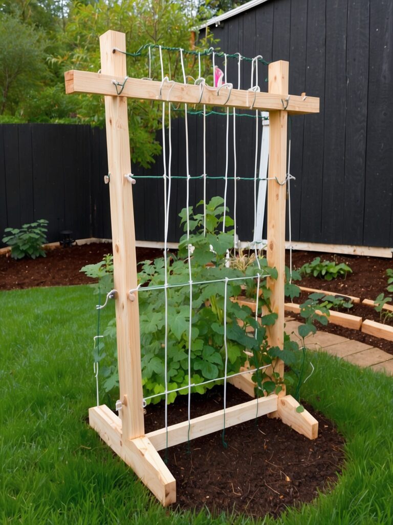Portable wooden DIY garden trellis frame supporting climbing vegetables in a backyard garden