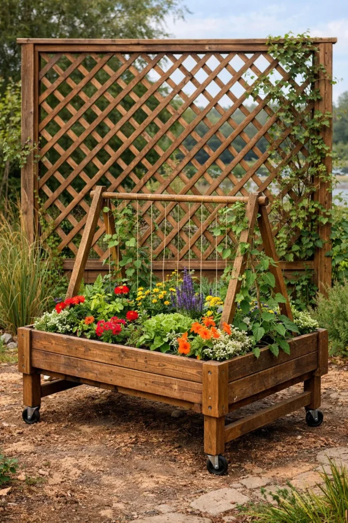Portable wooden trellis frame placed over a raised garden bed for vertical vegetable gardening
