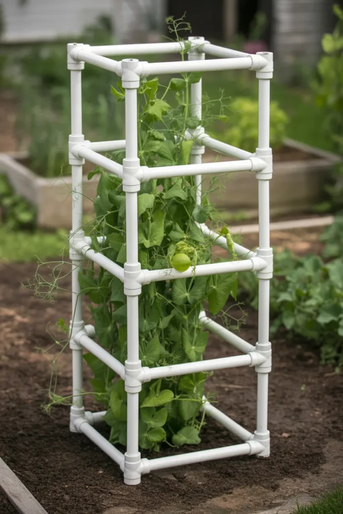 PVC pipe trellis structure with garden netting used for growing cucumbers and beans vertically