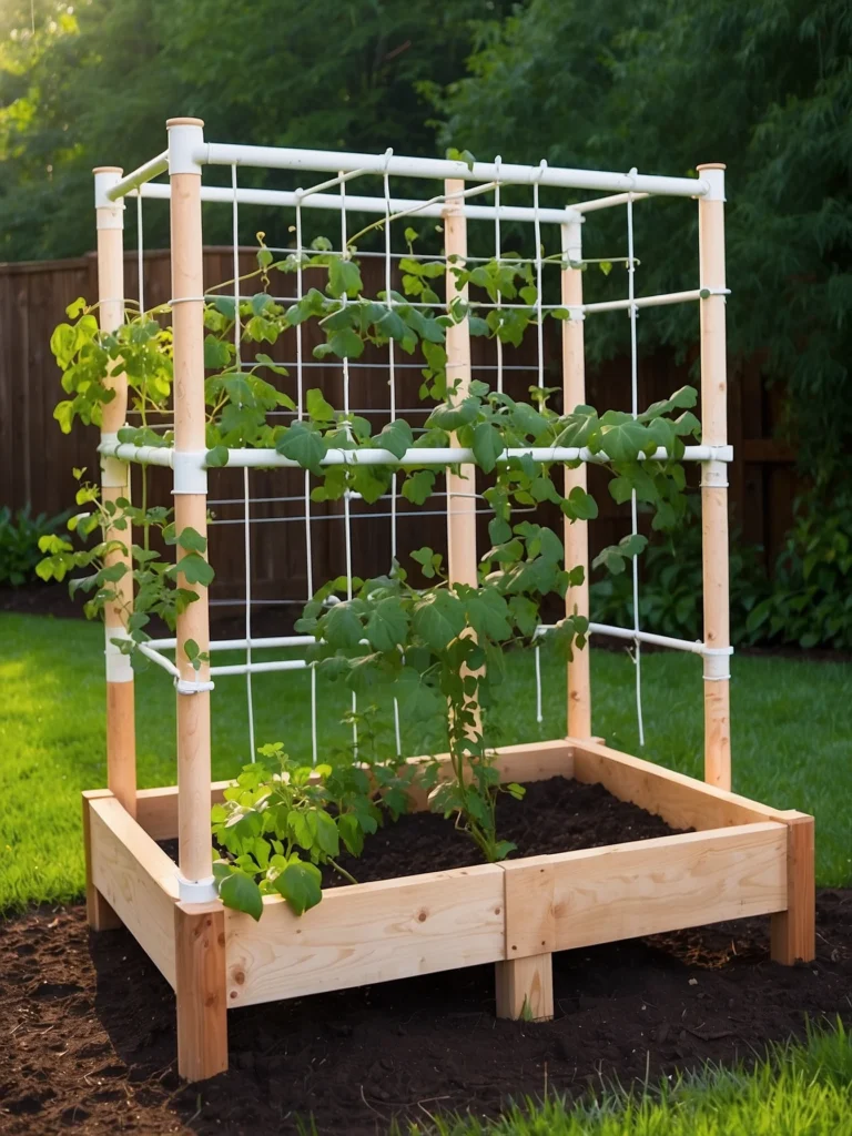 PVC pipe trellis structure with netting attached to a raised garden bed for growing cucumbers