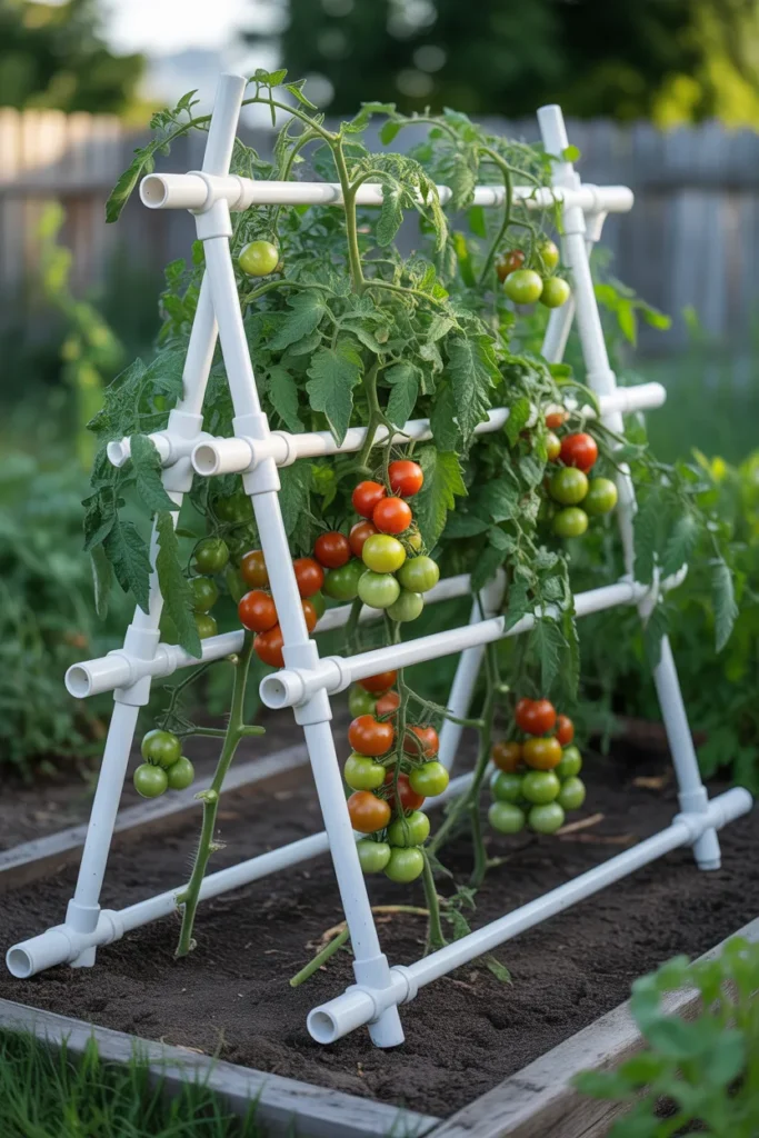 PVC pipe tomato trellis structure in backyard vegetable garden