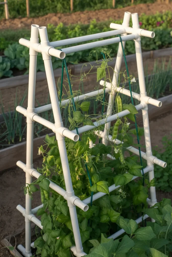 PVC pipe vegetable trellis frame with garden netting supporting climbing vegetables