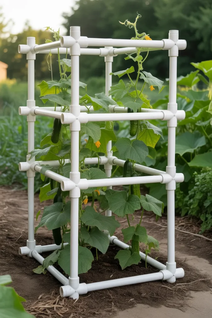 PVC pipe garden trellis with netting supporting vertical cucumber growth