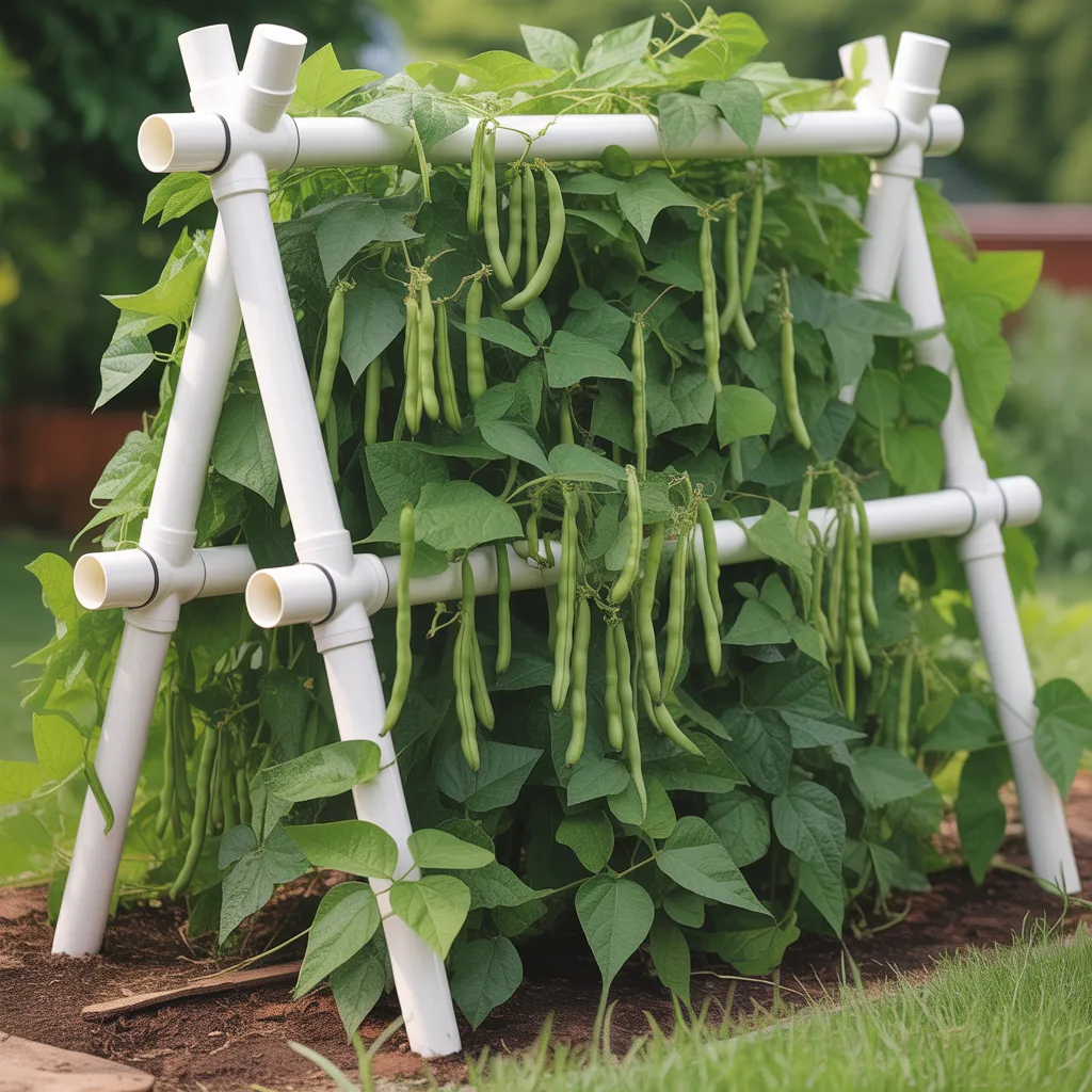 DIY PVC pipe trellis structure supporting green bean plants in a home vegetable garden