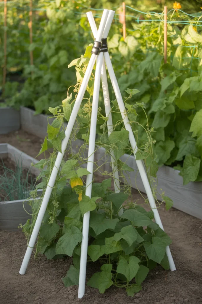 PVC teepee trellis supporting climbing bean plants in a backyard vegetable garden