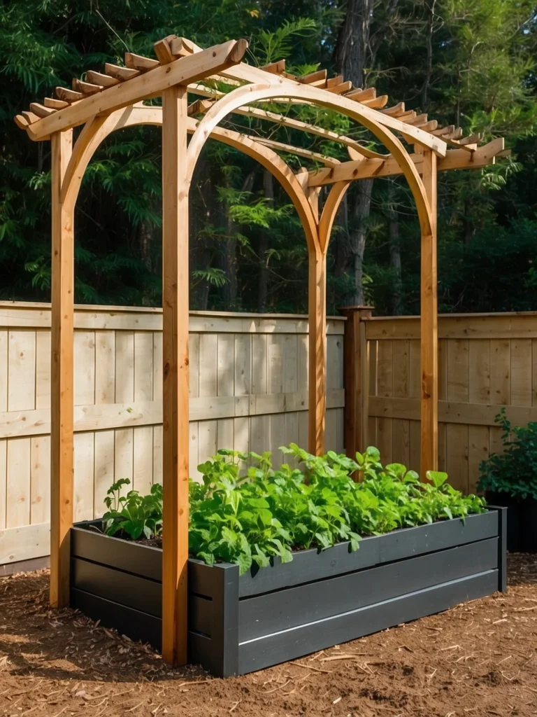 Garden arch trellis built over a raised bed with bean vines forming a green tunnel