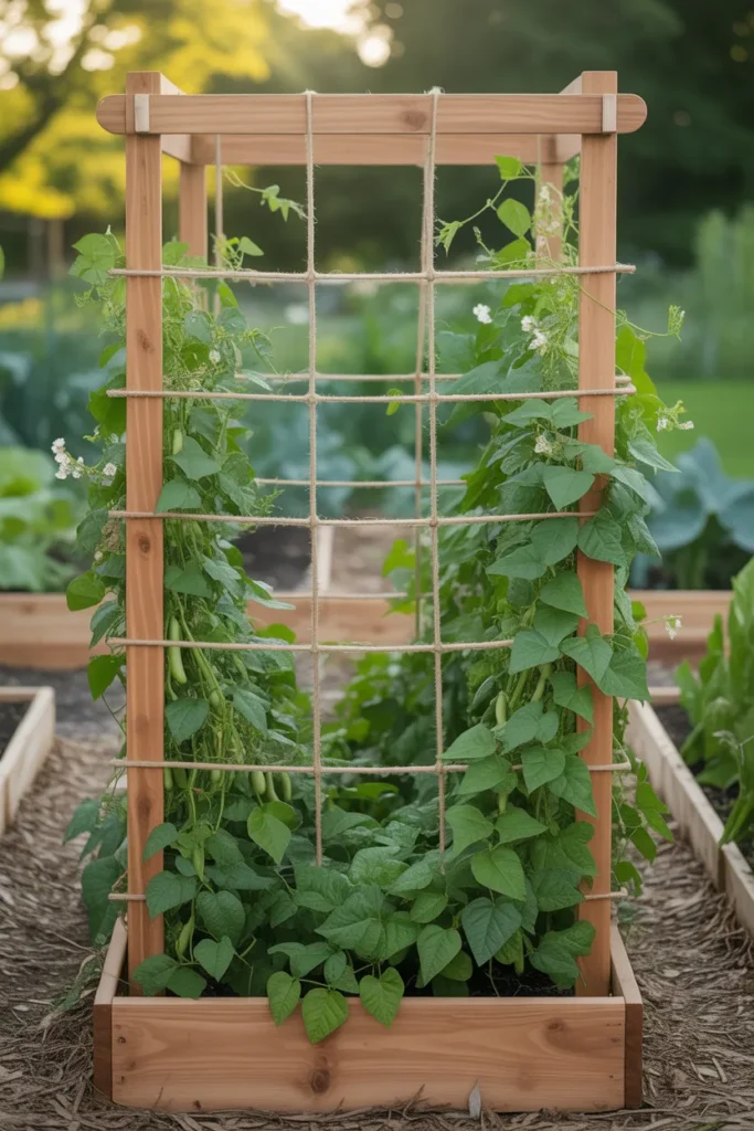 raised bed garden with built in trellis frame for climbing beans