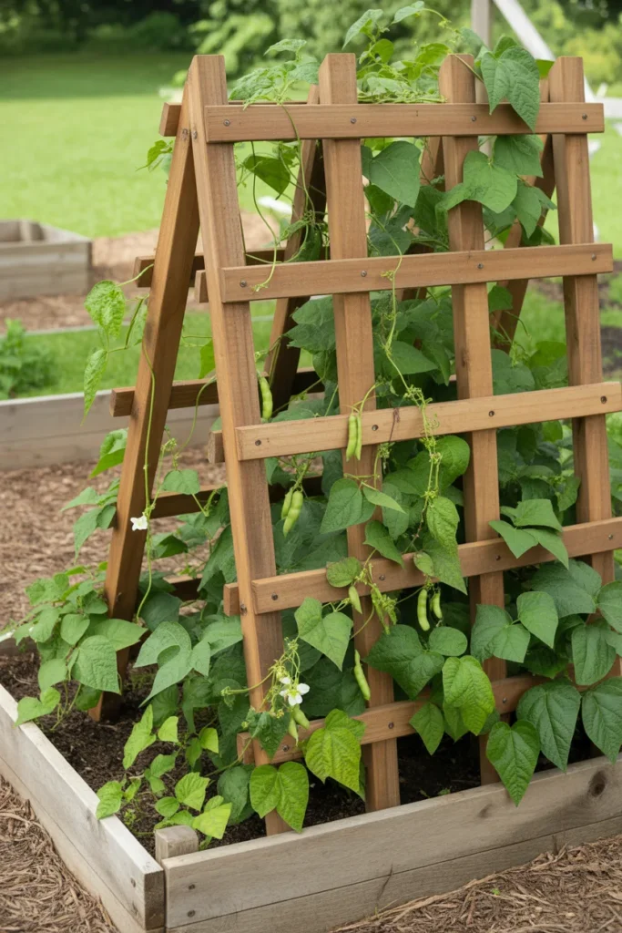 Corner-mounted green bean trellis installed inside a wooden raised garden bed
