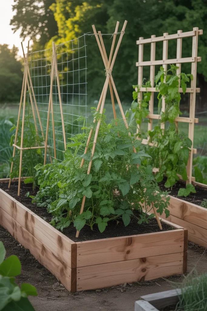 Wooden frame trellis attached to raised garden beds supporting climbing bean plants