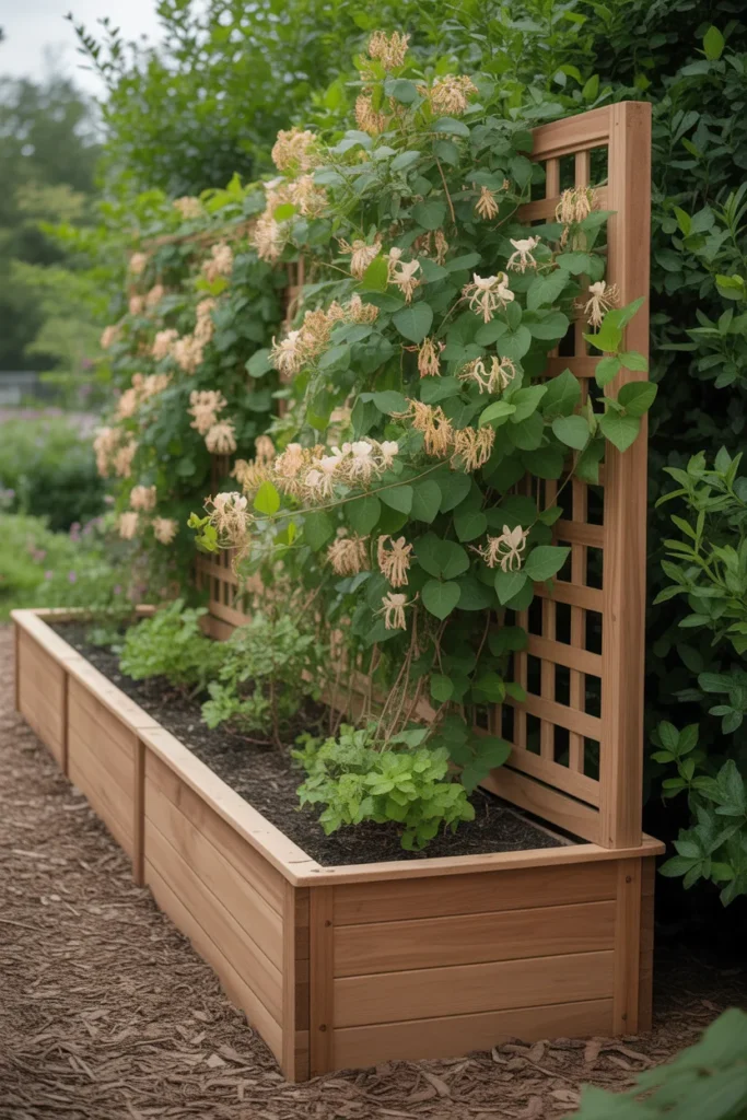 Raised garden bed with attached lattice panel demonstrating smart honeysuckle trellis ideas for vertical growth.