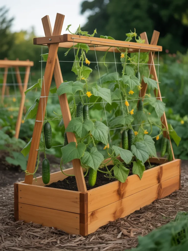 Raised garden bed with built-in trellis frame supporting cucumber vines