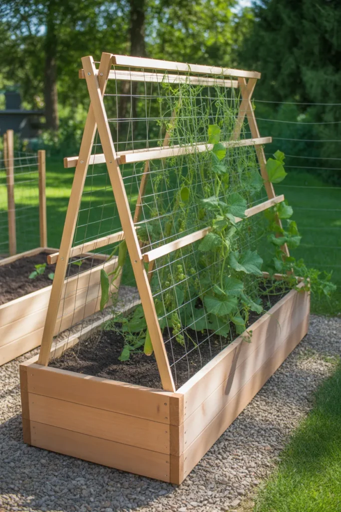  wooden raised bed vegetable trellis frame with wire mesh supporting cucumbers