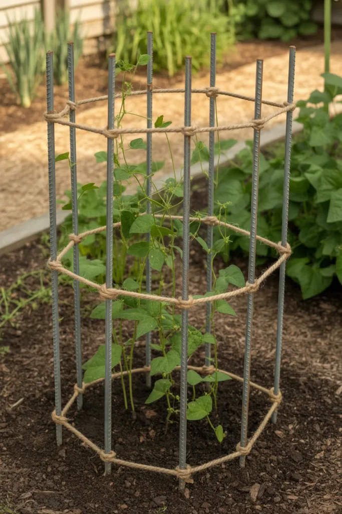 Simple rebar and twine green bean trellis for budget-friendly vertical gardening