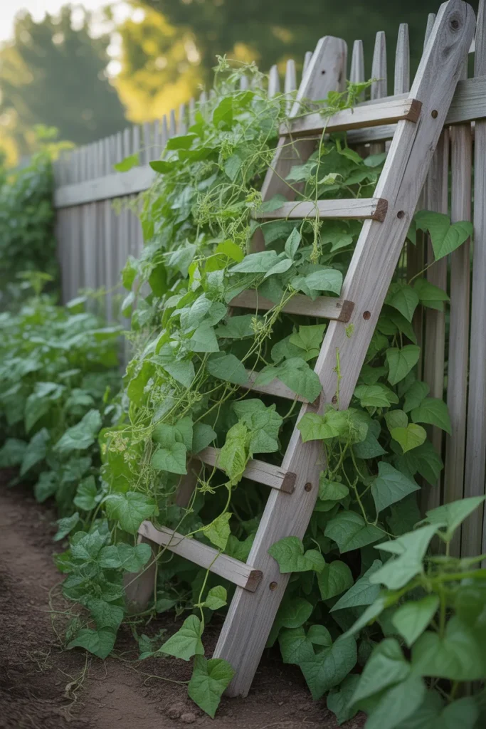 recycled ladder trellis system used for climbing bean plants in backyard