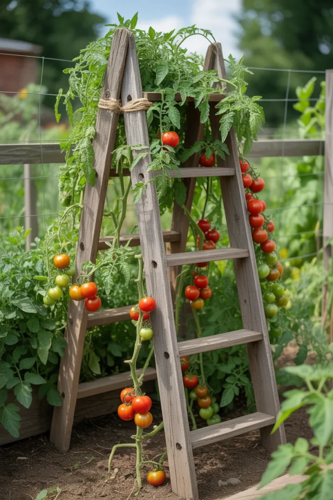 Repurposed ladder used as tomato plant trellis in garden