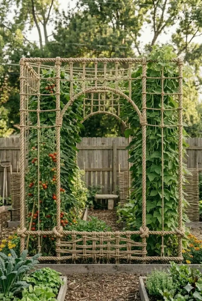 rope vegetable trellis system with climbing peas growing in backyard garden