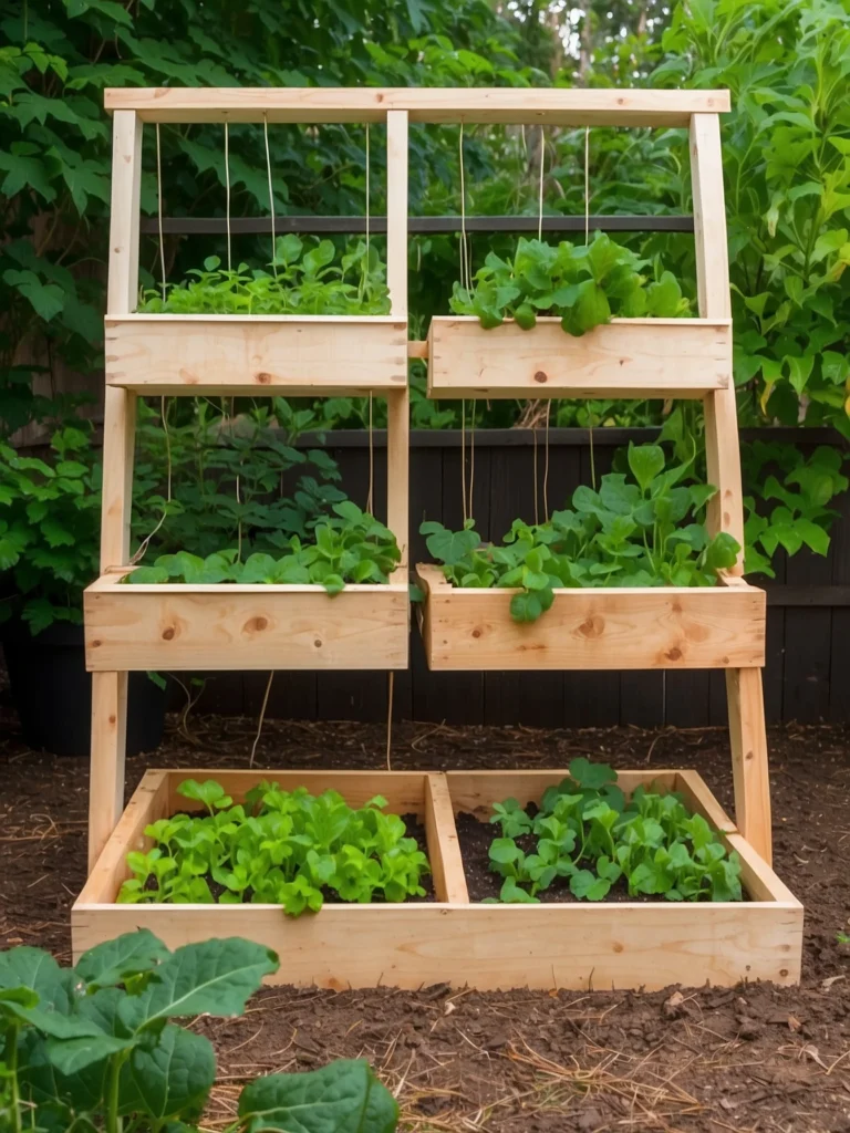 Wooden vertical frame trellis attached to a raised garden bed supporting climbing cucumber and bean plants