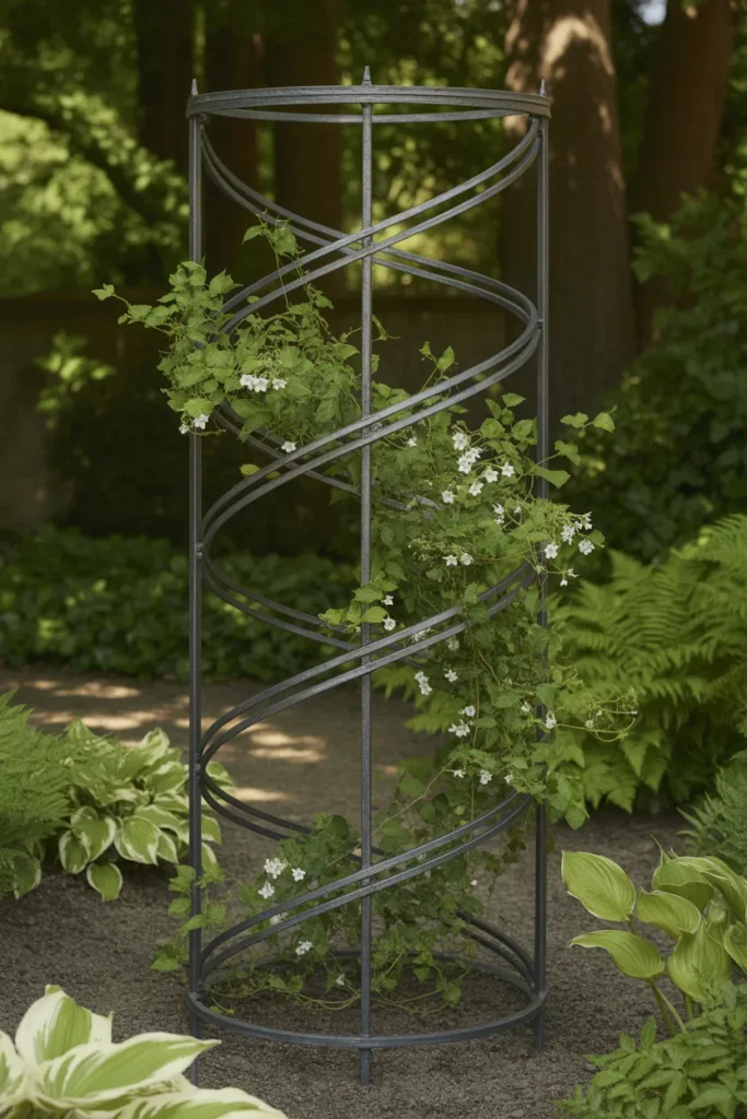Spiral metal garden trellis guiding climbing vegetable vines upward in a backyard garden