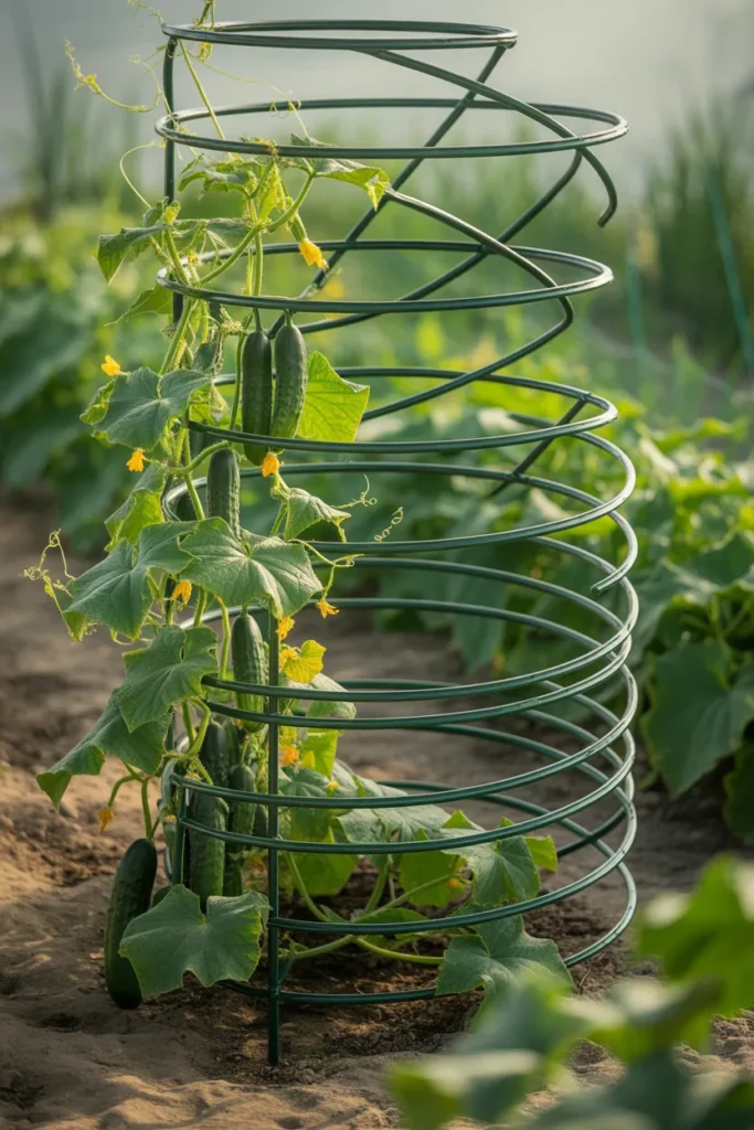 Spiral-shaped metal trellis guiding cucumber vines upward in backyard