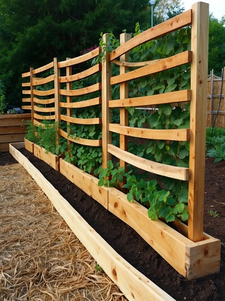 Decorative spiral metal trellis in a raised garden bed guiding bean and cucumber vines upward