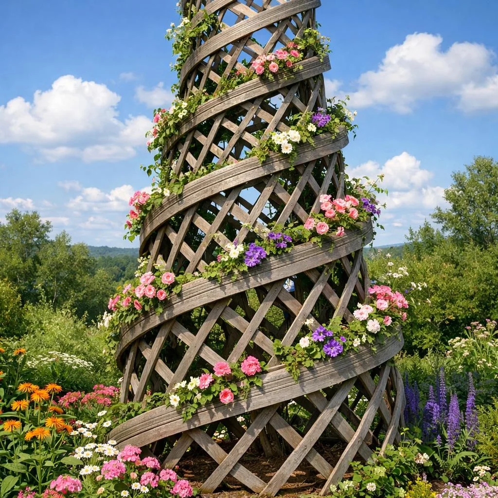 Spiral wooden trellis placed in a raised garden bed supporting multiple climbing plants