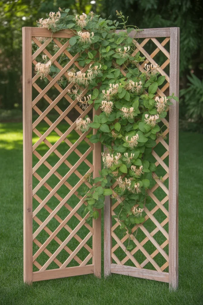 Multi-panel vertical divider showcasing functional honeysuckle trellis ideas for garden zoning.