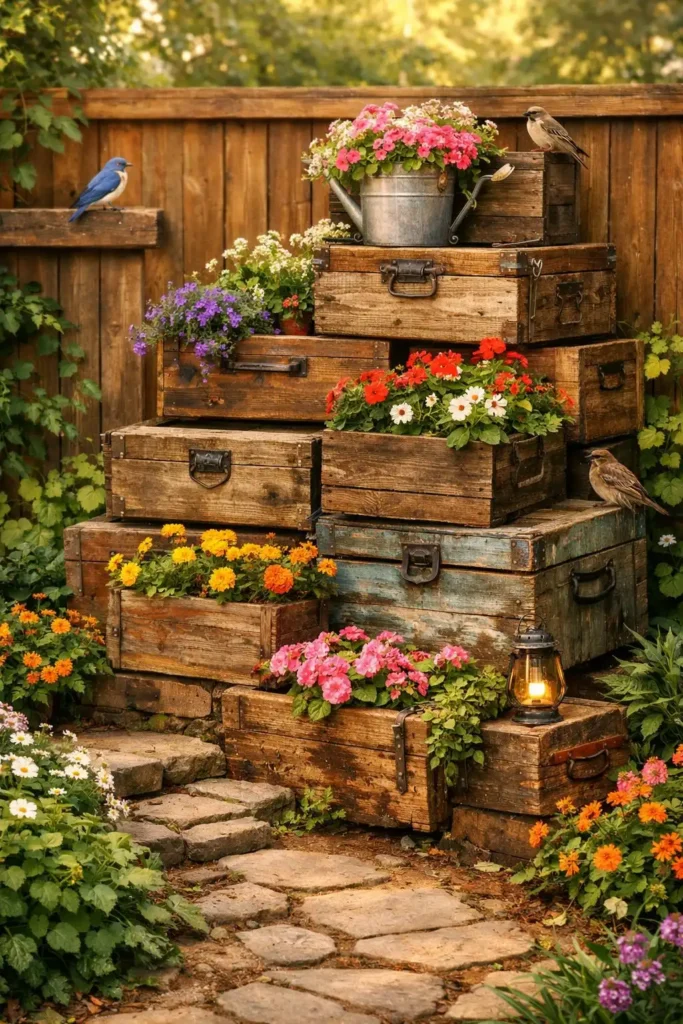 stacked wooden crates holding potted plants
