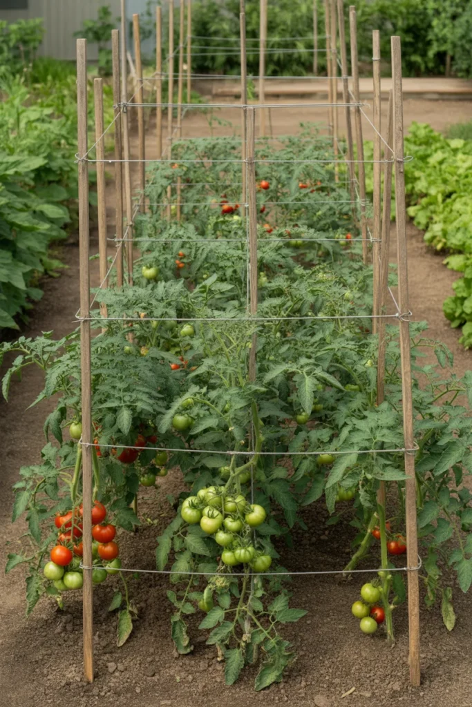 Wooden stake and string tomato trellis support system