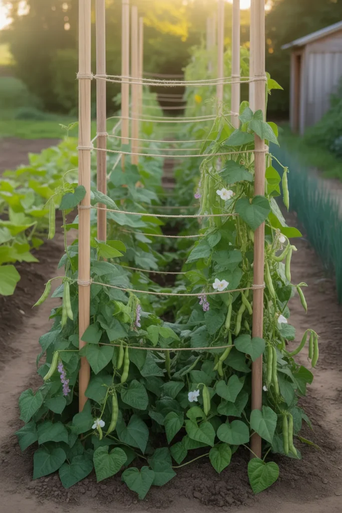 vertical string trellis with climbing beans growing upward in garden bed