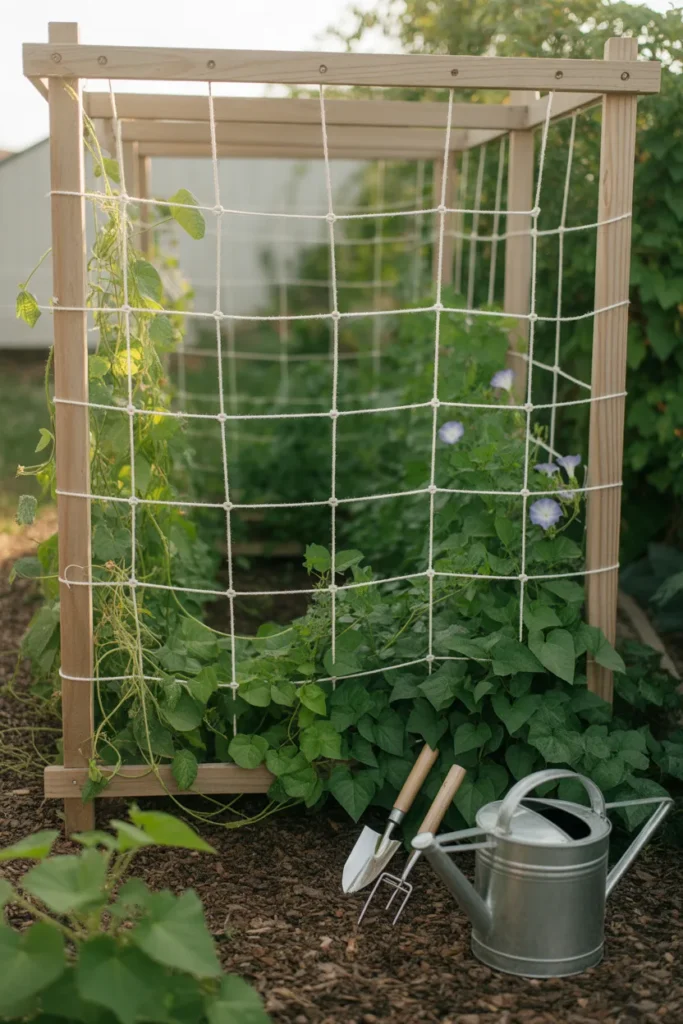 DIY string grid trellis made with twine and wooden stakes supporting climbing vegetable vines