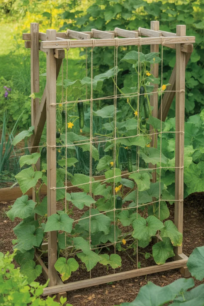 Vertical string trellis with cucumber vines wrapped naturally