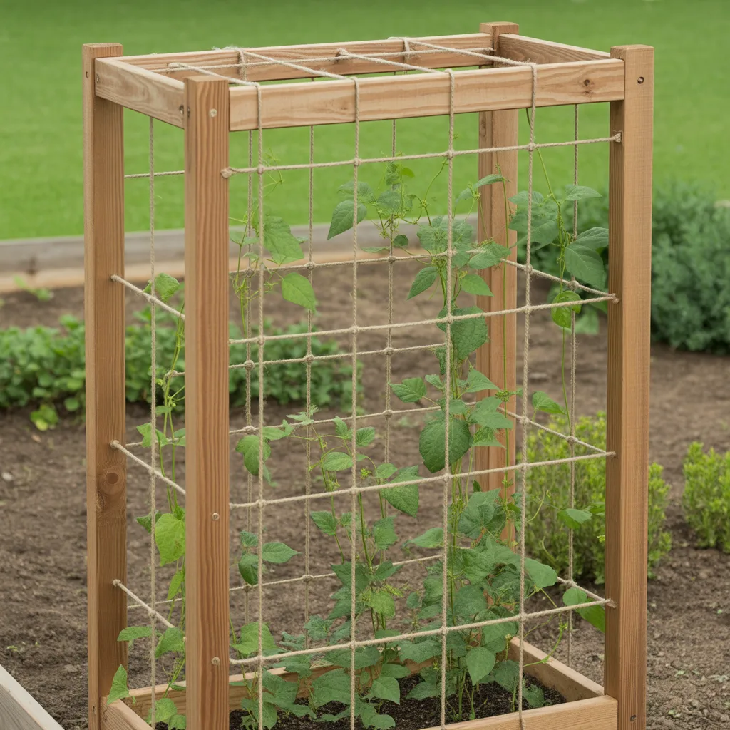 Simple string trellis for green beans attached to a wooden frame in a raised bed garden