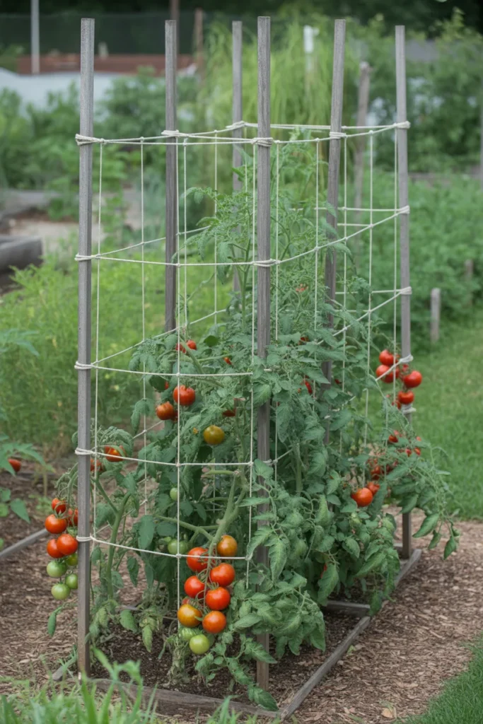 Vertical string trellis system for growing tomatoes upward