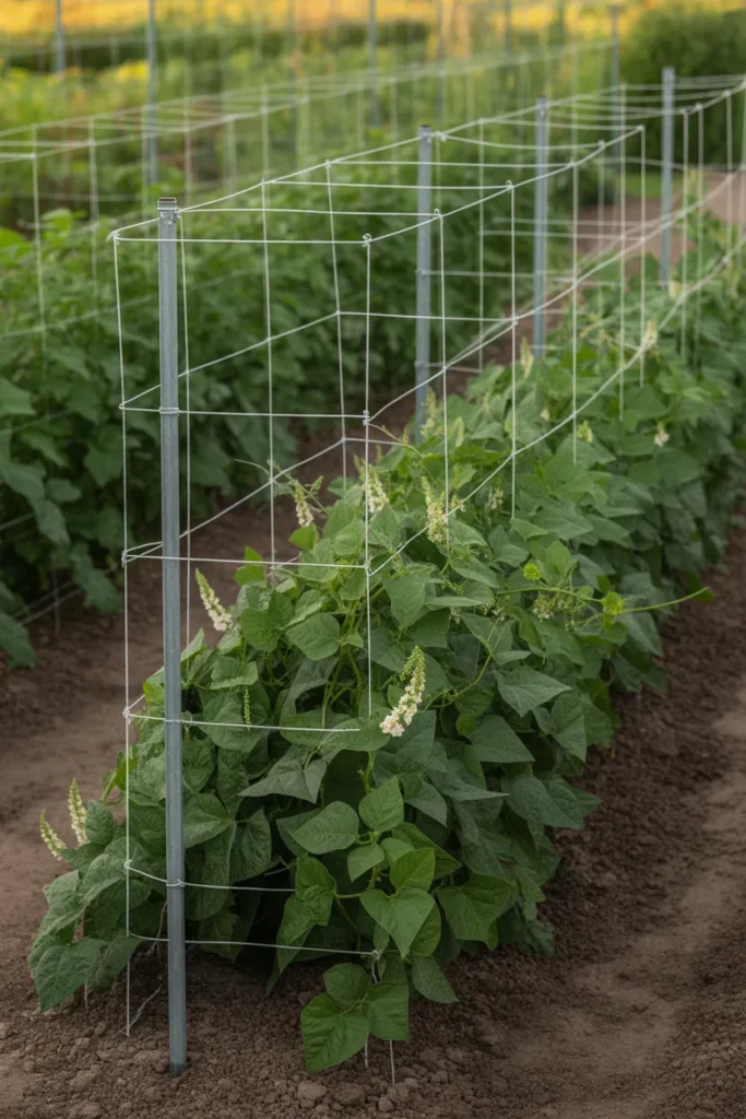 T-post and wire green bean trellis system designed for long rows in a backyard vegetable garden