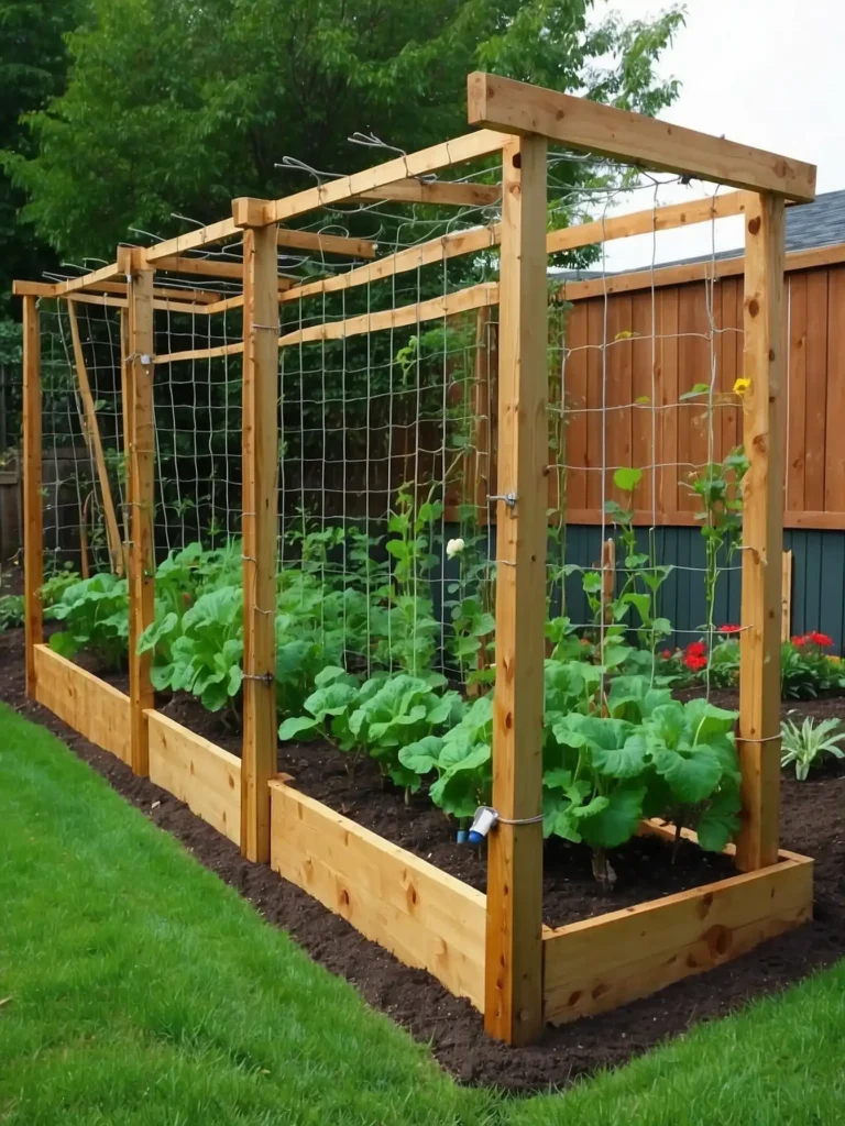 metal T post vegetable trellis with wire mesh supporting pole beans