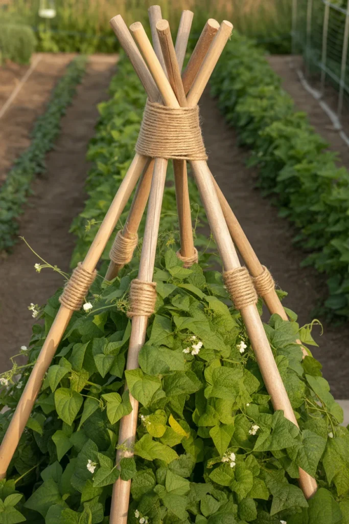 bamboo teepee trellis with garden twine supporting climbing bean plants