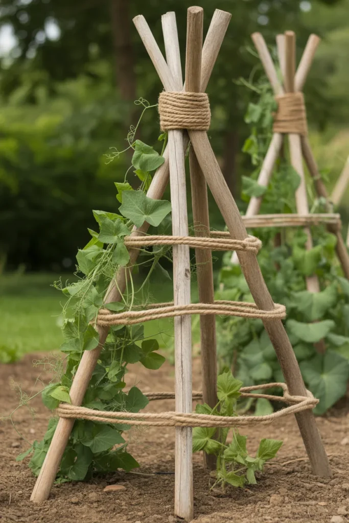 Garden teepee trellis with soft twine ties supporting young bean vines