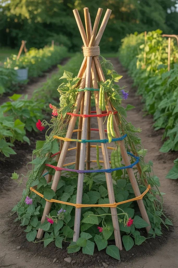 bamboo teepee trellis with interwoven string for climbing bean vines