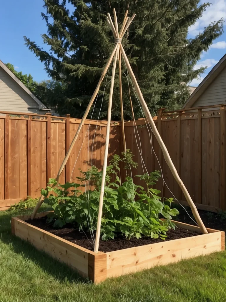 Bamboo teepee trellis with interwoven garden twine supporting climbing vegetables in a raised bed