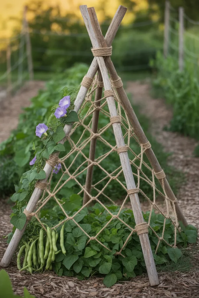 Bamboo teepee trellis with interwoven garden twine supporting climbing pea and bean vines