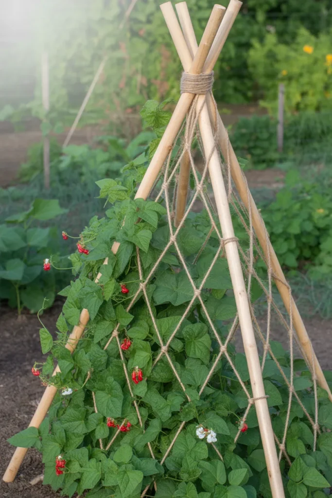 bamboo teepee trellis with twine netting supporting climbing bean vines