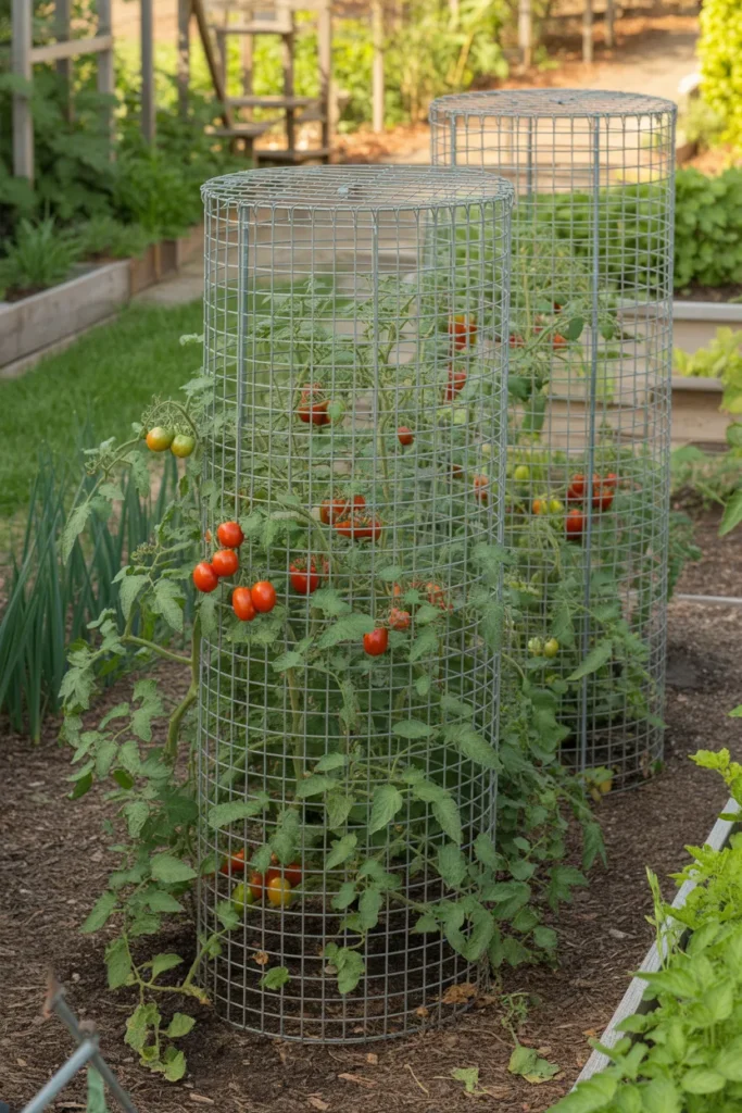 tomato cage vegetable trellis supporting climbing cucumber plants in garden