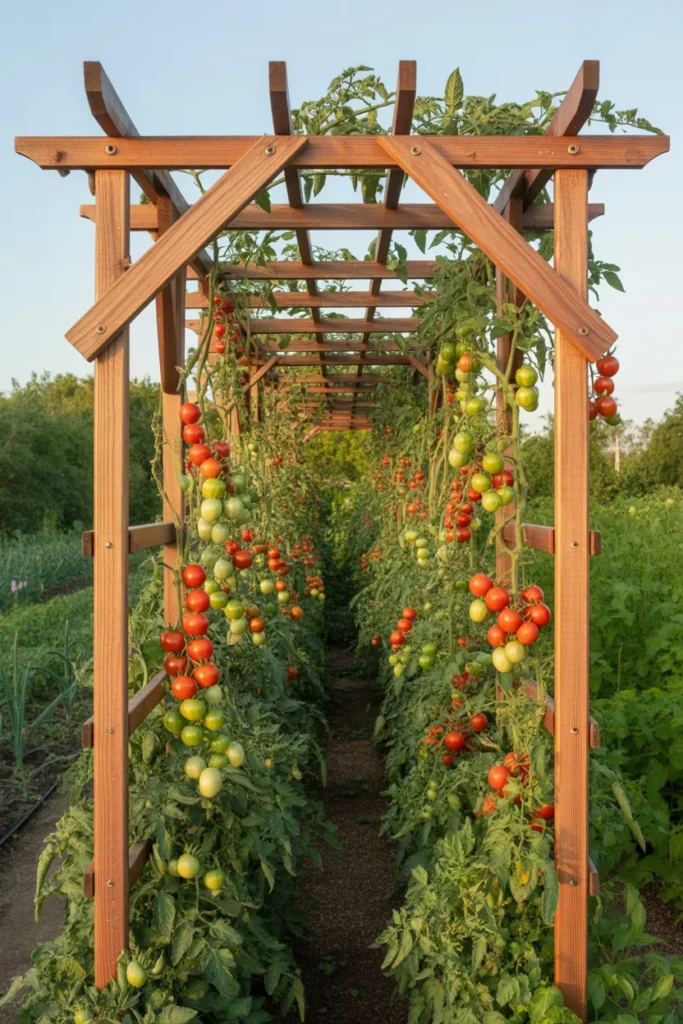 Tomato trellis arch creating tunnel of tomato vines