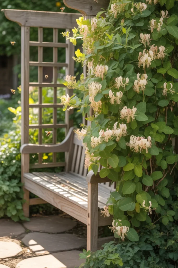  Garden bench integrated into trellis design inspired by relaxing honeysuckle trellis ideas.